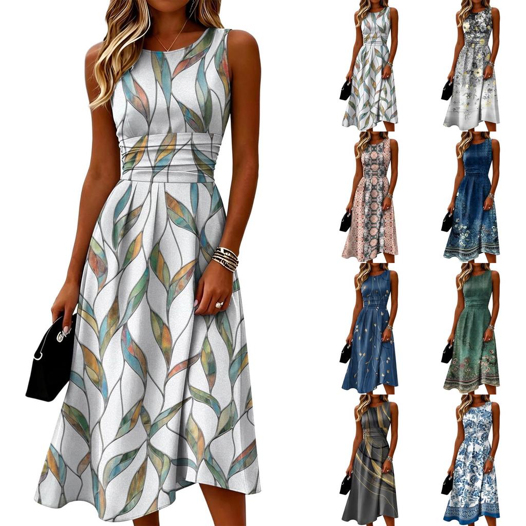 Sleeveless Casual Midi Dress for Women Round Neck Floral Patterned Fit and Flare Style Lightweight Summer Dress