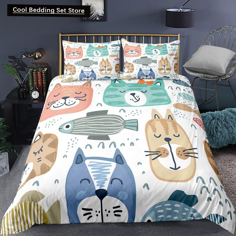 Katze Blumen König Königin Bettbezug Cartoon Kitty Floral Bettwäscheset für Kinder Niedliche Tiere Schwarz 2/3-teilig Polyester Steppdeckenbezug