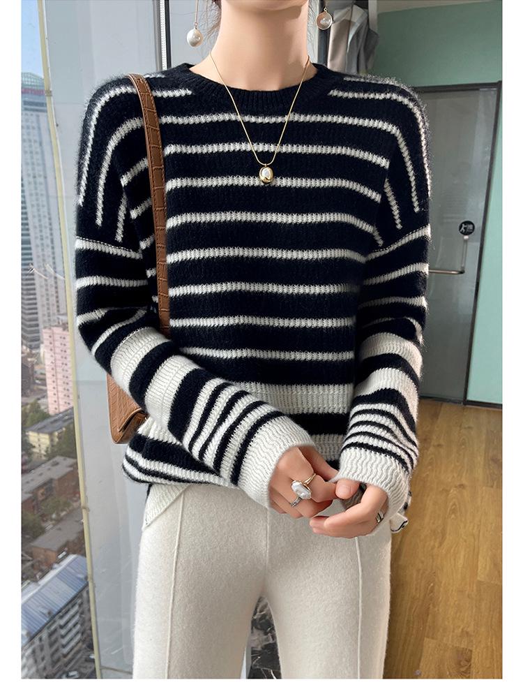 Women's Striped Wool Round Neck Cashmere Sweater - Autumn/Winter Style, 100% Pure Wool Color-Block Top