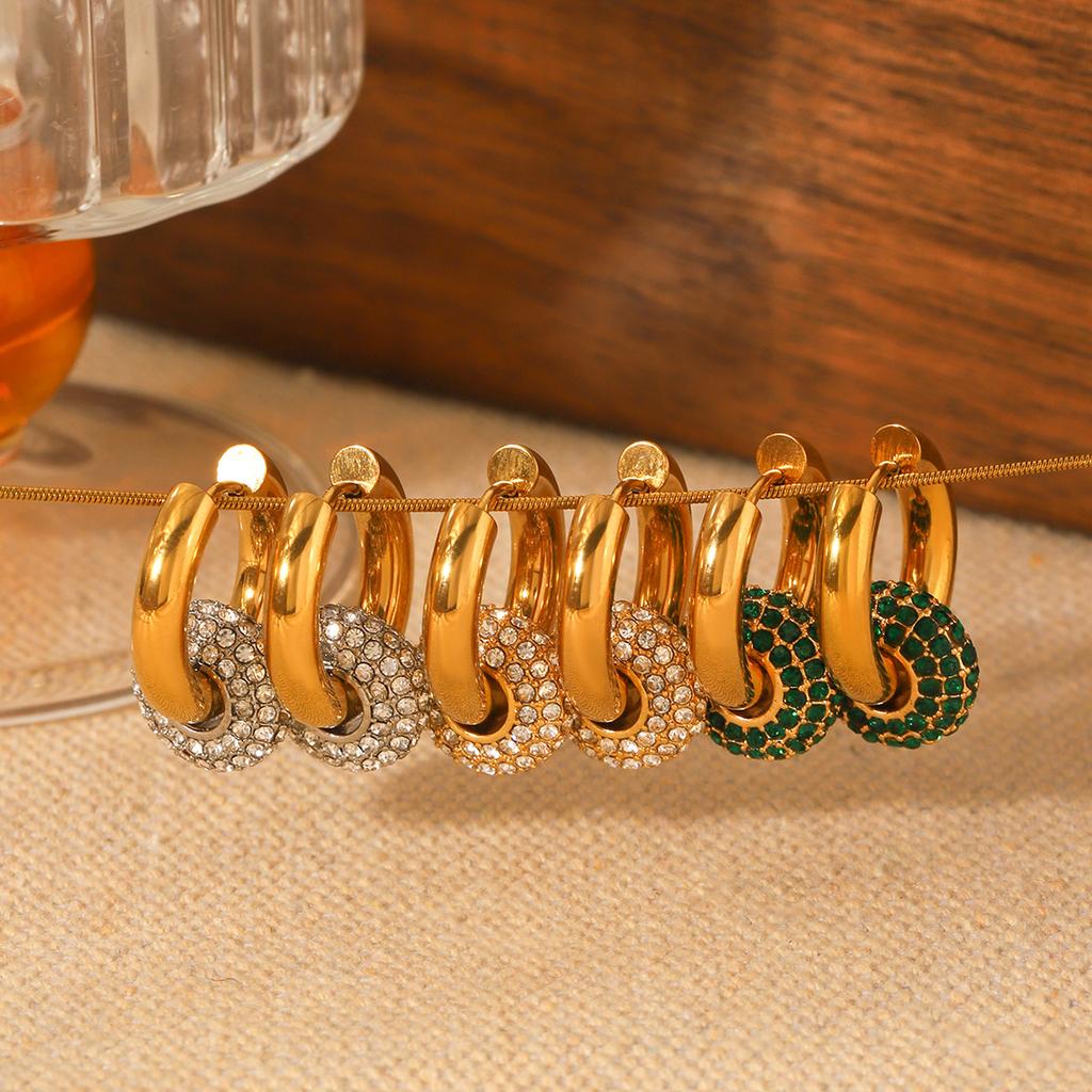 18K Gold Stainless Steel Earrings Zircon Round Hoop Pendant Ear Cuff Women's High-end Ear Jewelry