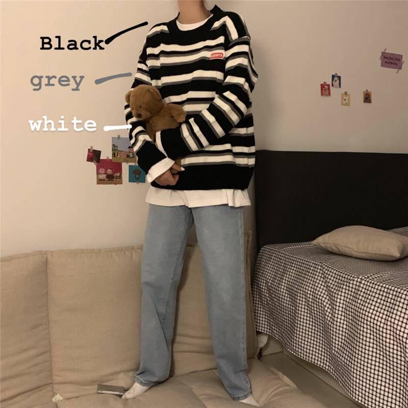 

Pofulove Осень Зима Радуга Полосатый Свитер Женская Вышивка Хит Цвет Круглый Вырез Свободный Свитер