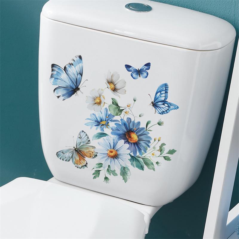 Toilet Stickers Watercolor Floral Chrysanthemum Butterfly Wall Stickers Durable Waterproof Bathroom Decor With Self-Adhesive