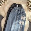 Denim Skirt Women's Summer High-Waisted Mid-Length Cover The Crotch To Show Thin Beaded Split A-Line Hip Skirt