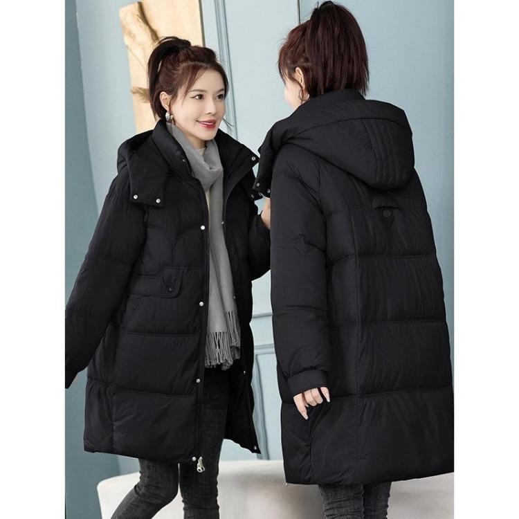 Winter Warm Women's Hooded Puffer Coat Mid Length Stand Collar Removable Thickened Down Cotton Jacket