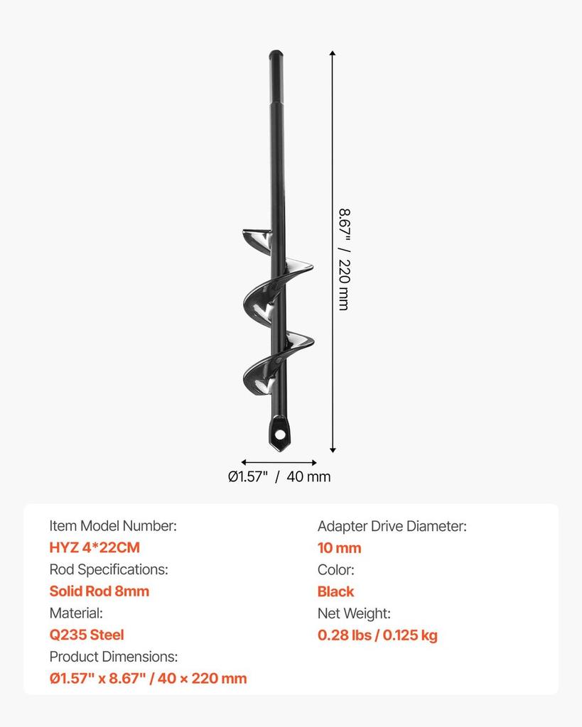 Auger Drill Bit 1.57 x 8.67 in Earth Spiral Post Hole Digger Planter Tool