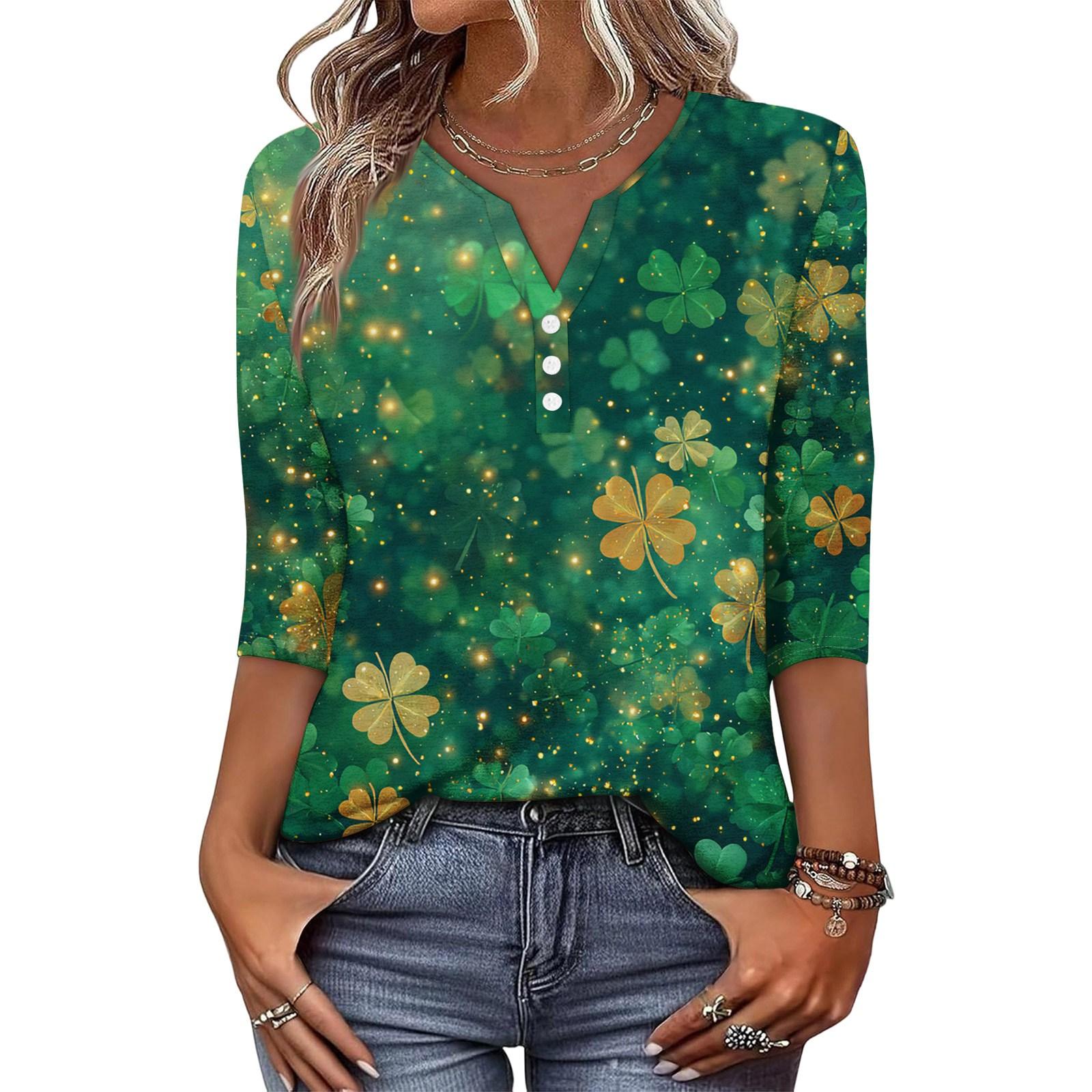 

Women s Fashionable Casual St. Patrick s Day Print V-Neck Button-Up Three-Quarter Sleeve T-Shirt Top XL