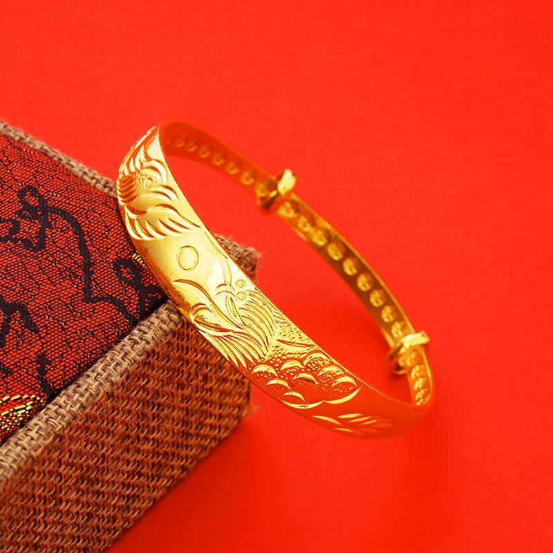 

Позолоченный латунный браслет Push-Pull 12 мм с вьетнамским песком, золотом и дизайном дракона и феникса для женщин