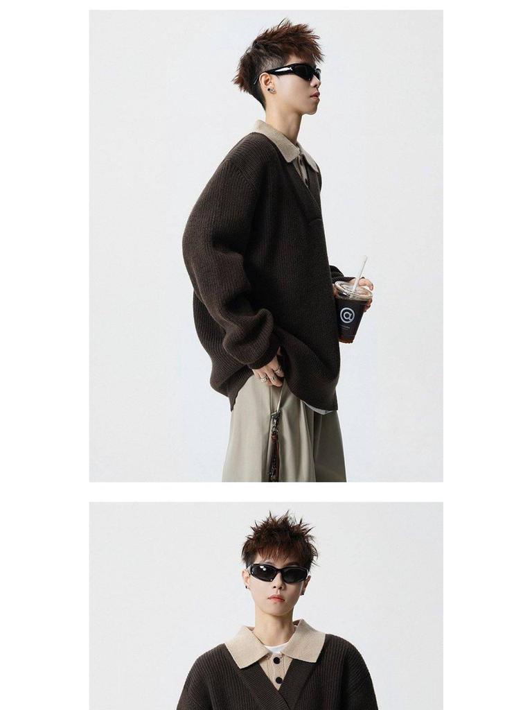 Men's American Retro Faux Two-Piece Polo Collar Sweater - Autumn/Winter Clean Fit Loose Casual Knitwear