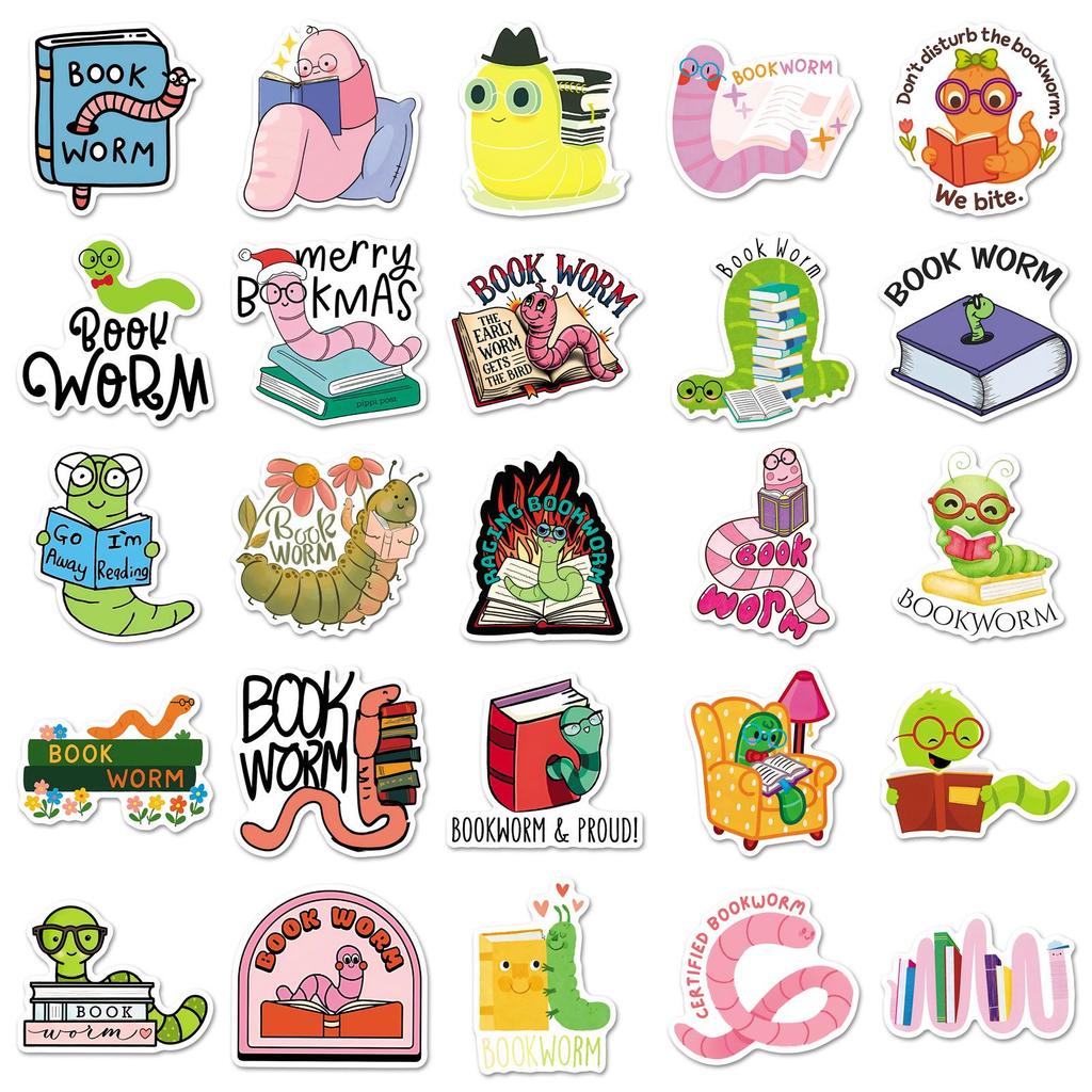 50 BookWorm Cartoon Stickers: Childlike Caterpillar Design for Books, Storage Boxes, and Planners