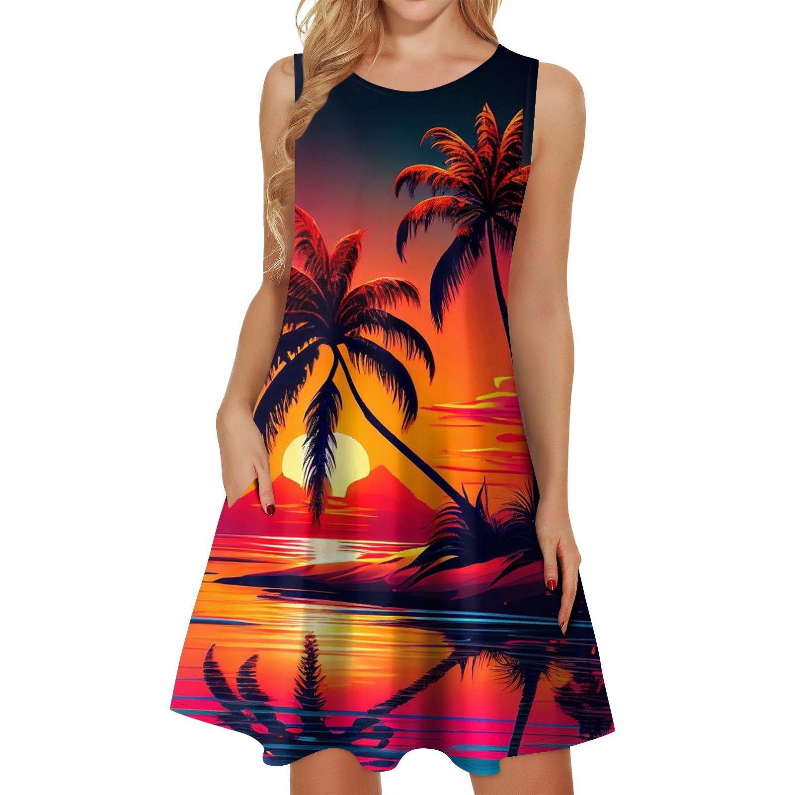 Womens Summer Dresses Loose U Neck Sleeveless Sundresses Dress With Pockets L красный