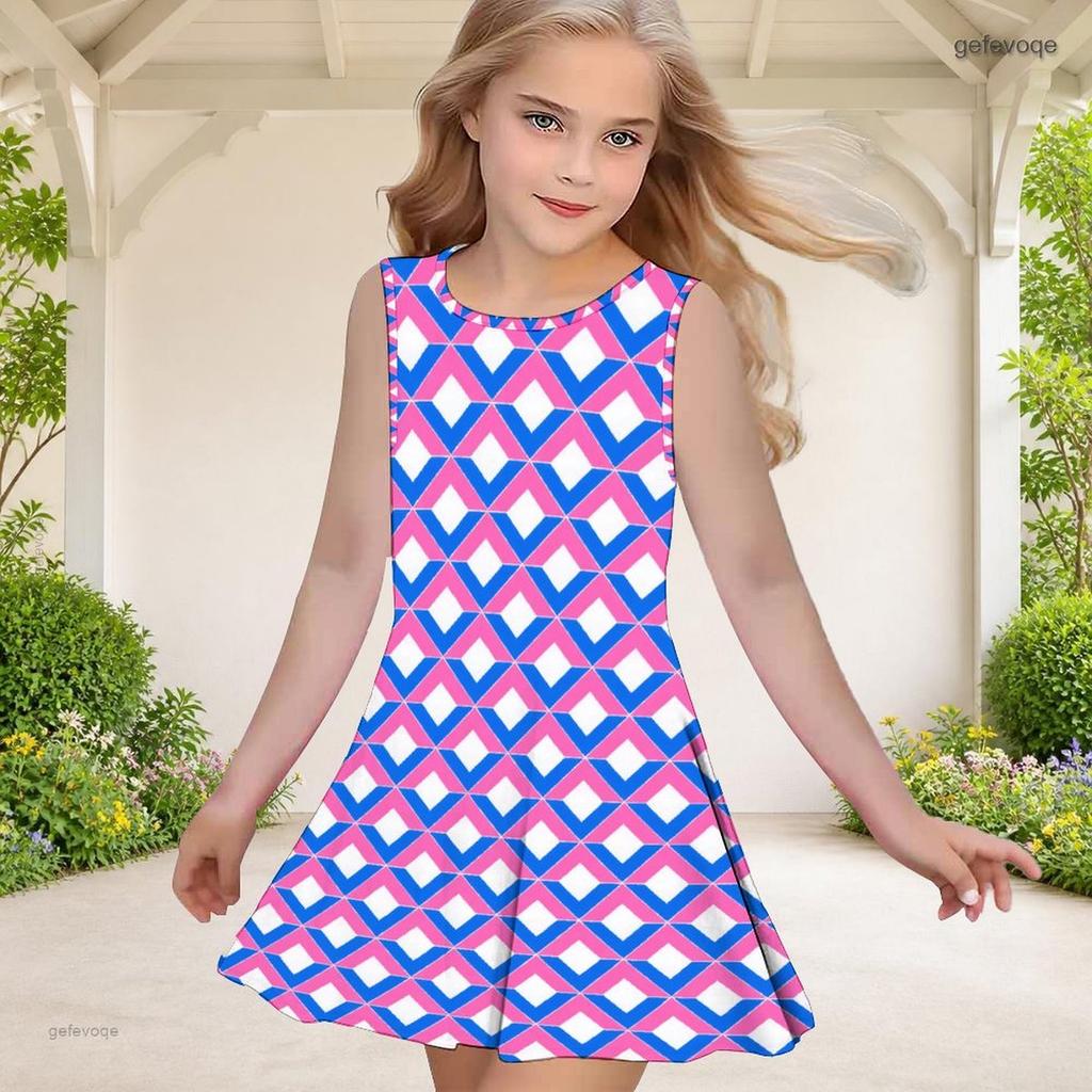 Girls Round Neck Sleeveless Geometric Printed A Line Flared Dress