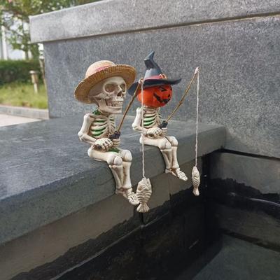 Creative Fishing Skeleton Statue Fun Skeleton Resin Figurine Pumpkin Sculpture Ornament For Outdoor Home Garden Decoration Craft