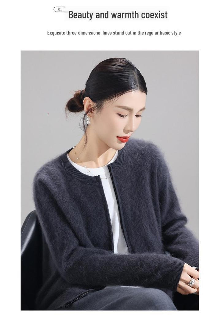 Women's Round Neck 100% Wool Plush Cardigan - Heavyweight, Zipper, Versatile Base Layer Sweater Coat