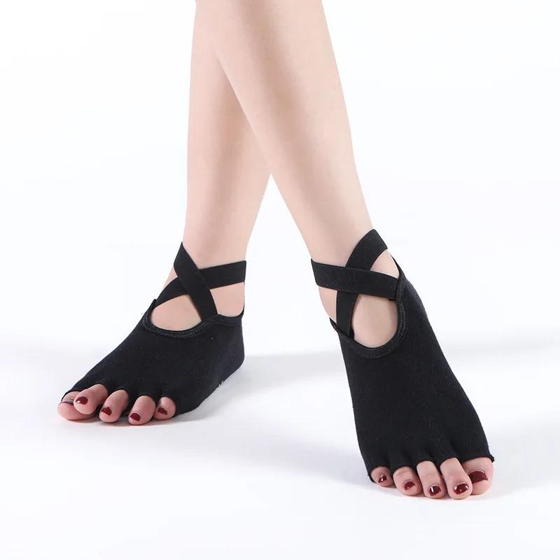 Women Toeless Yoga Socks with Grips Anti-Slip Bandage Sport Socks Ballet Dance Latin Barre Pilates Fitness Equipment Floor Socks