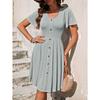Summer Women's Round Neck Button Stretch Casual Temperament Short Sleeve Dress