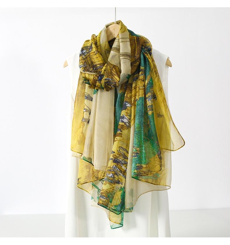 Eșarfă elegantă de mătase pentru femei, accesoriu cu stil casual imprimat, respirabilă, decorativă, rezistentă la soare, șal de mătase cu model floral pentru weekend casual