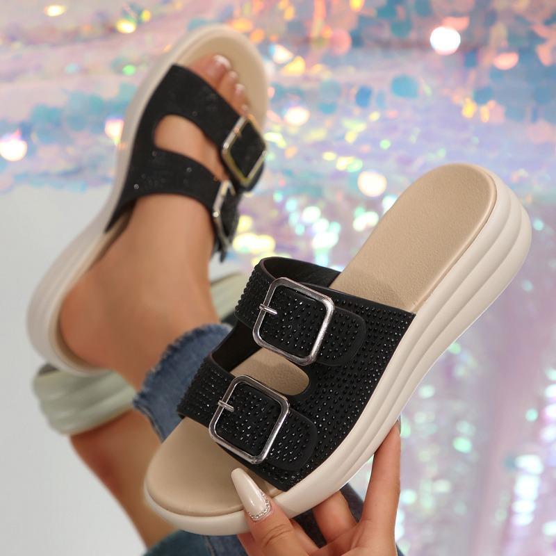 Summer Water Diamond One-line Thick-soled Slippers for Women To Wear with Belt Buckles and Hollowed-out Beach Sandals