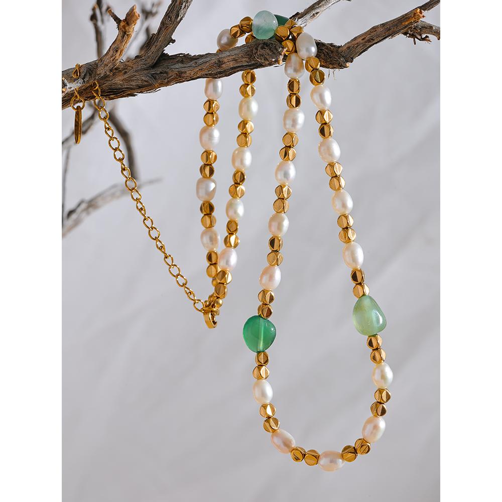 Yhpup Natural Freshwater Pearl Stone Vintage Stainless Steel Beads Handmade Chain Gold Color Collar Jewelry Bijoux Female Gift