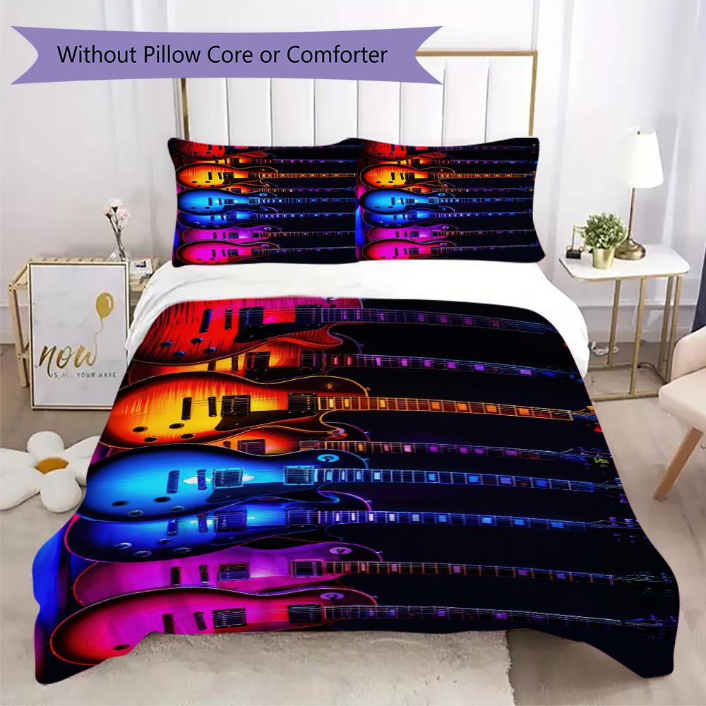 1PC Electric guitar Theme Bedding Quilt Set Quilt Cover Pillowcase Home Decoration Birthday Gift (1 * duvet cover + 2 * pillowcase, without core)A3