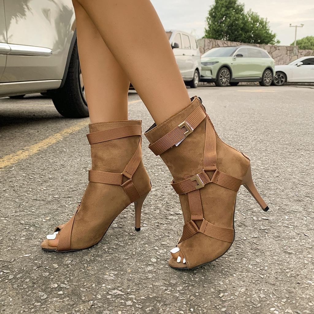 European and American Lace-up Cool Boots Women's 2025 Summer Hollow Short Boots Stiletto High Heels Dancing Shoes Large Size Open-toed Sandals