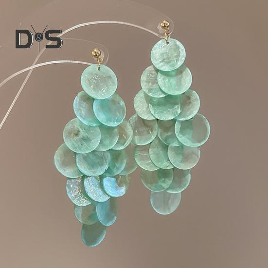 1 Pair Long Style Multi-Layer Drop Earrings Translucent Metal Needle Design Artificial Crystal Shell Tassel Earrings