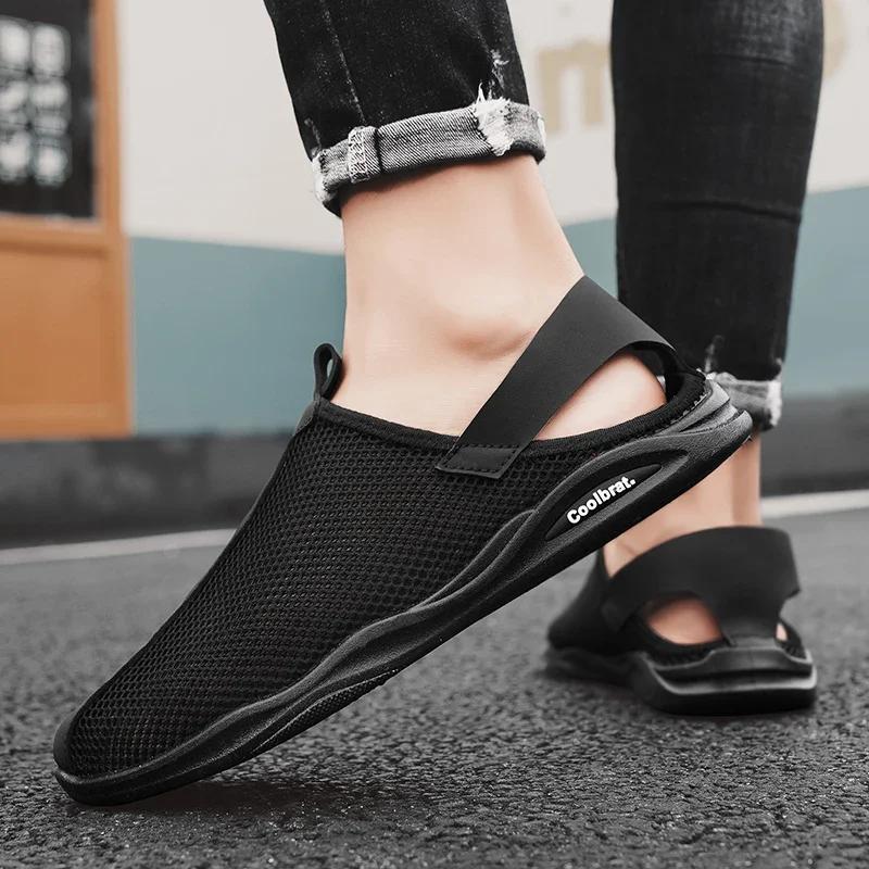2026 Men's Summer Sandals Comfortable Outdoor Breathable Casual Shoes Beach Shoes Flat Business Soft Mesh Leather Sandals Male