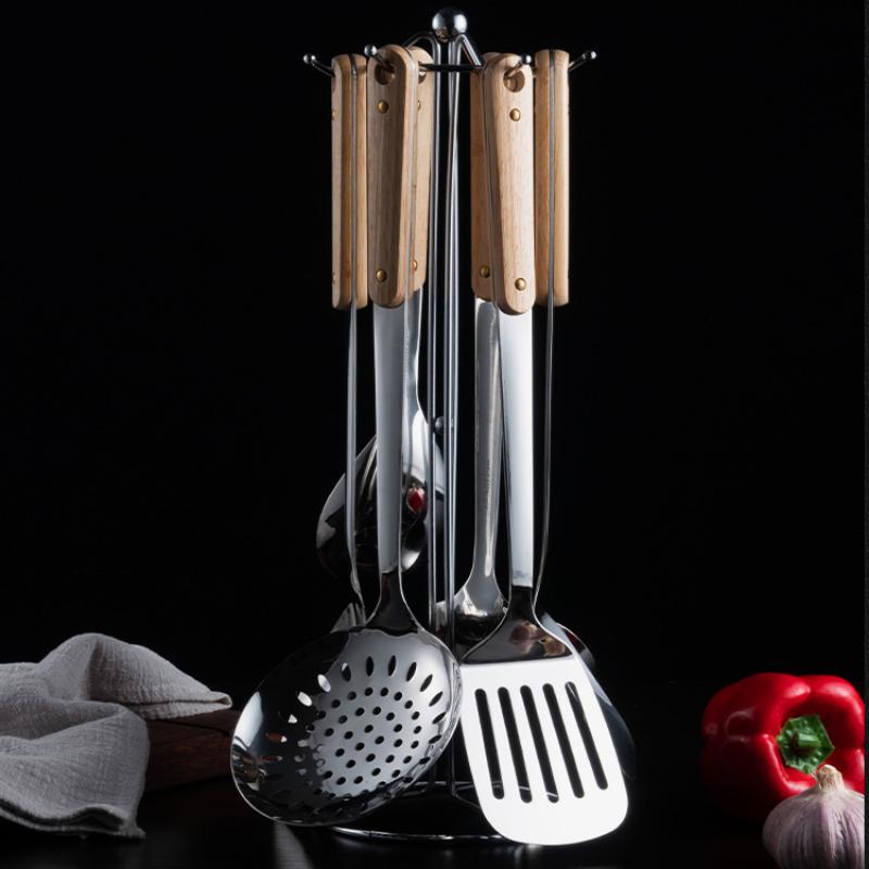 HANYANG Espátula de acero inoxidable, utensilios de cocina, espátula con mango de madera, espátula para cocinar