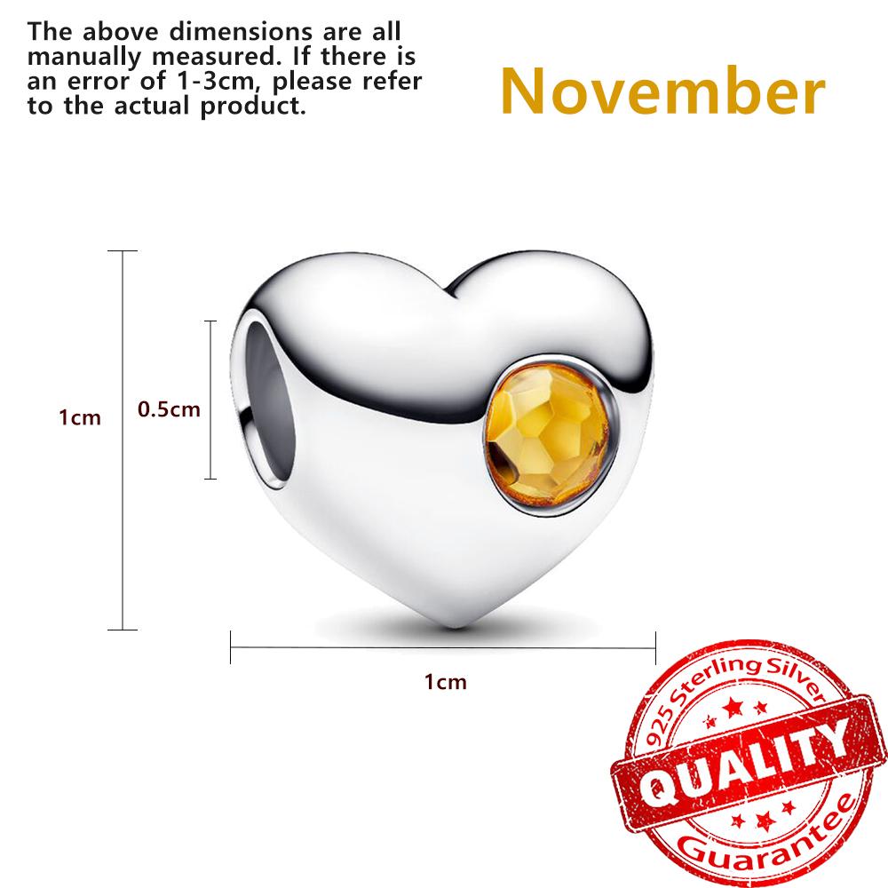 Fine Copper Twelve Birthstone Heart Beads Charm Fit Original Bracelet Women Teen Sweet Necklace Jewelry Accessories