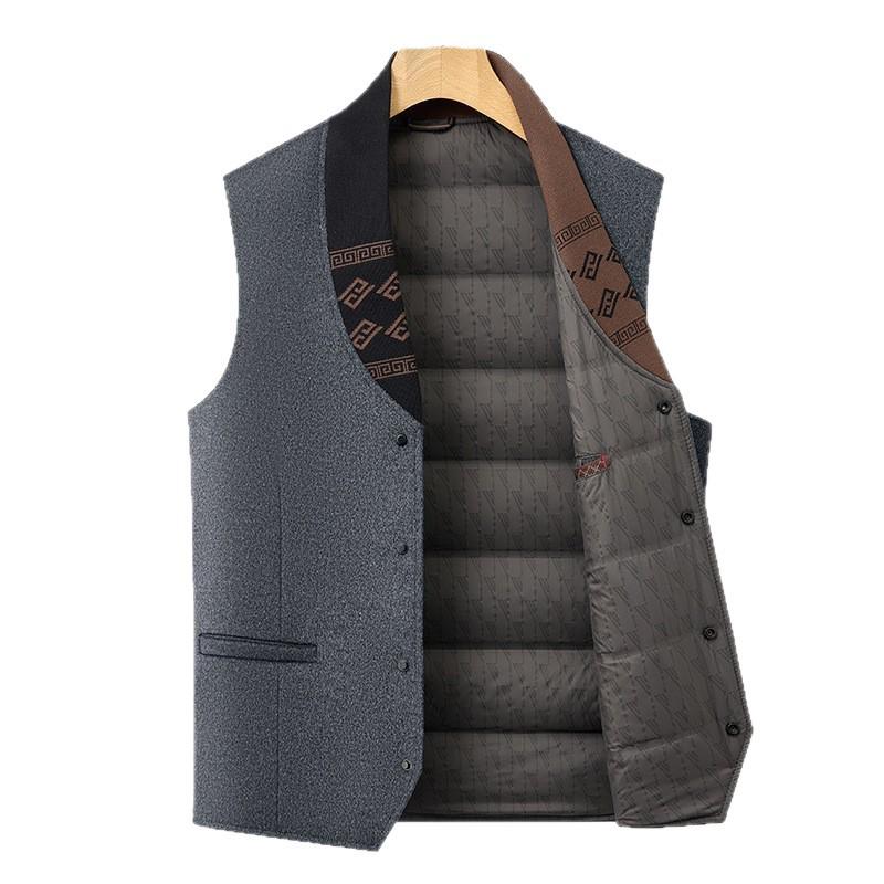 Men's 2025 Winter 100% Wool Tweed Down Vest - White Duck Down, Business Casual Style
