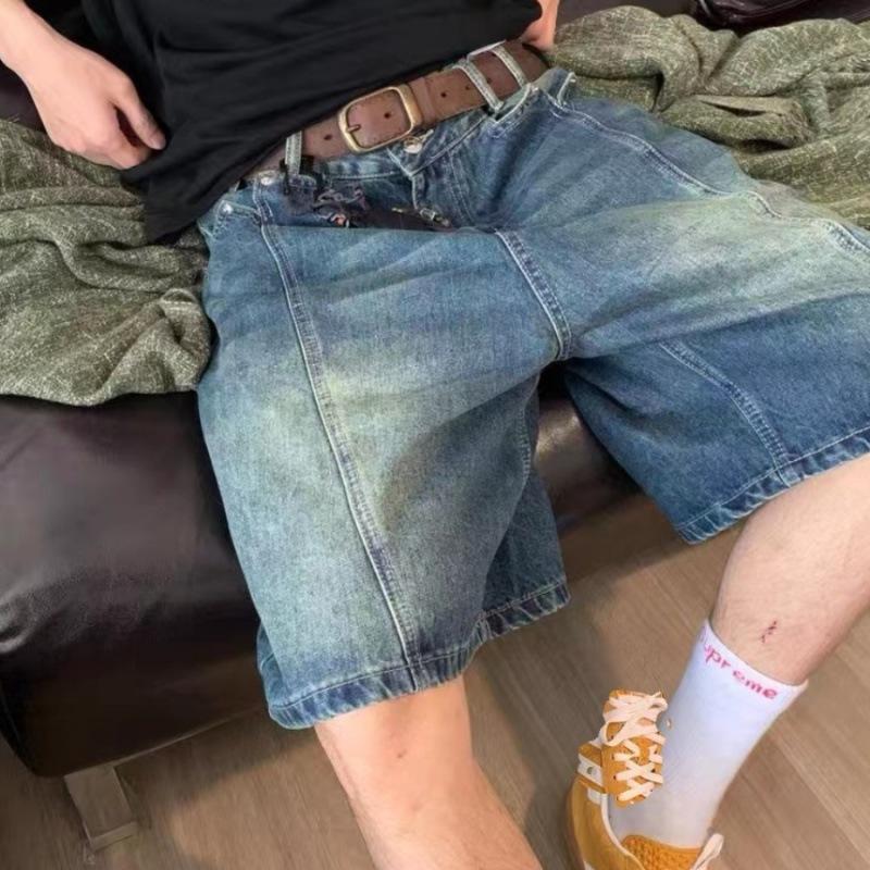 Retro Washed Old Denim Shorts Men's High Street Trendy Brand Design Loose Straight-leg Pants