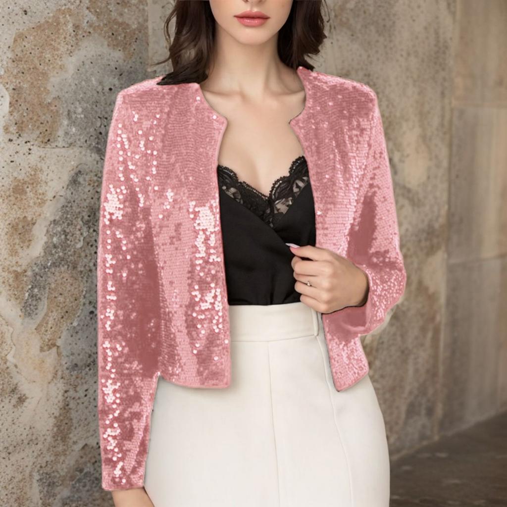 Women Round Neck Long Sleeve Open Front Cardigan Casual Sequin Jacket Lightweight Relaxed Fit Outerwear for Daily Wear