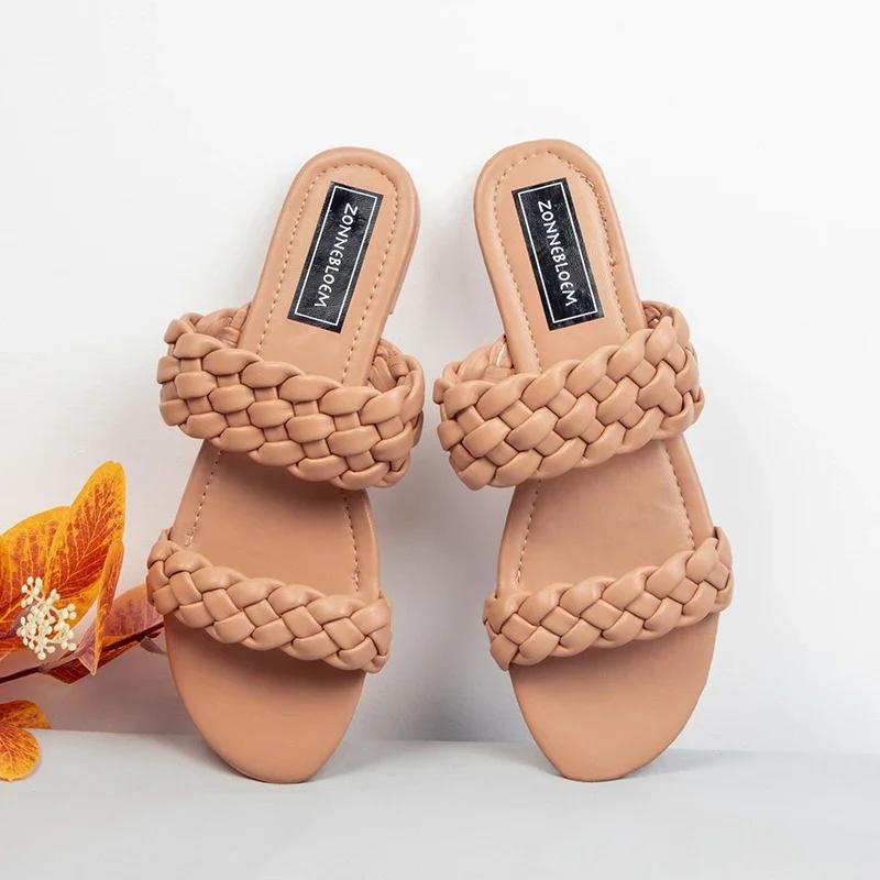 Fashion 2025 New Designer Women Outside Slippers Summer Woman Flat Slides High Quality PU Leather Fashion Double Weave Beach Sandals