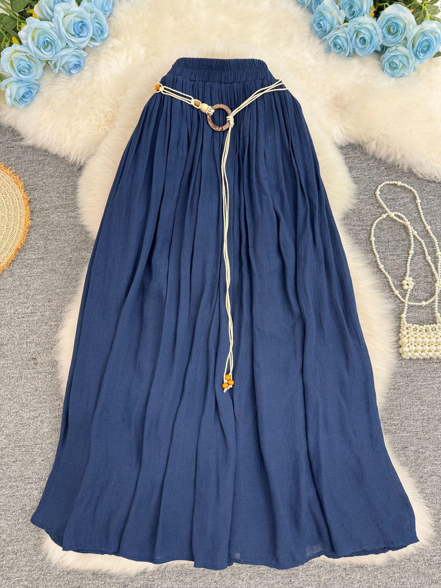 

European & American Cotton-Linen Vacation Midi A-line Skirt for Women One Size темно-синий
