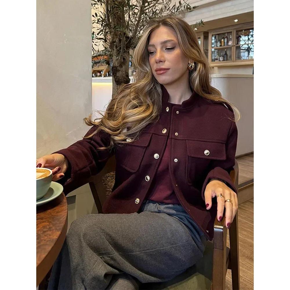 Elegant Women's Burgundy Cropped Jacket Female Stand Collar Single Breasted Full Sleeve Pocket Coat 2024 Autumn Lady Outwear New