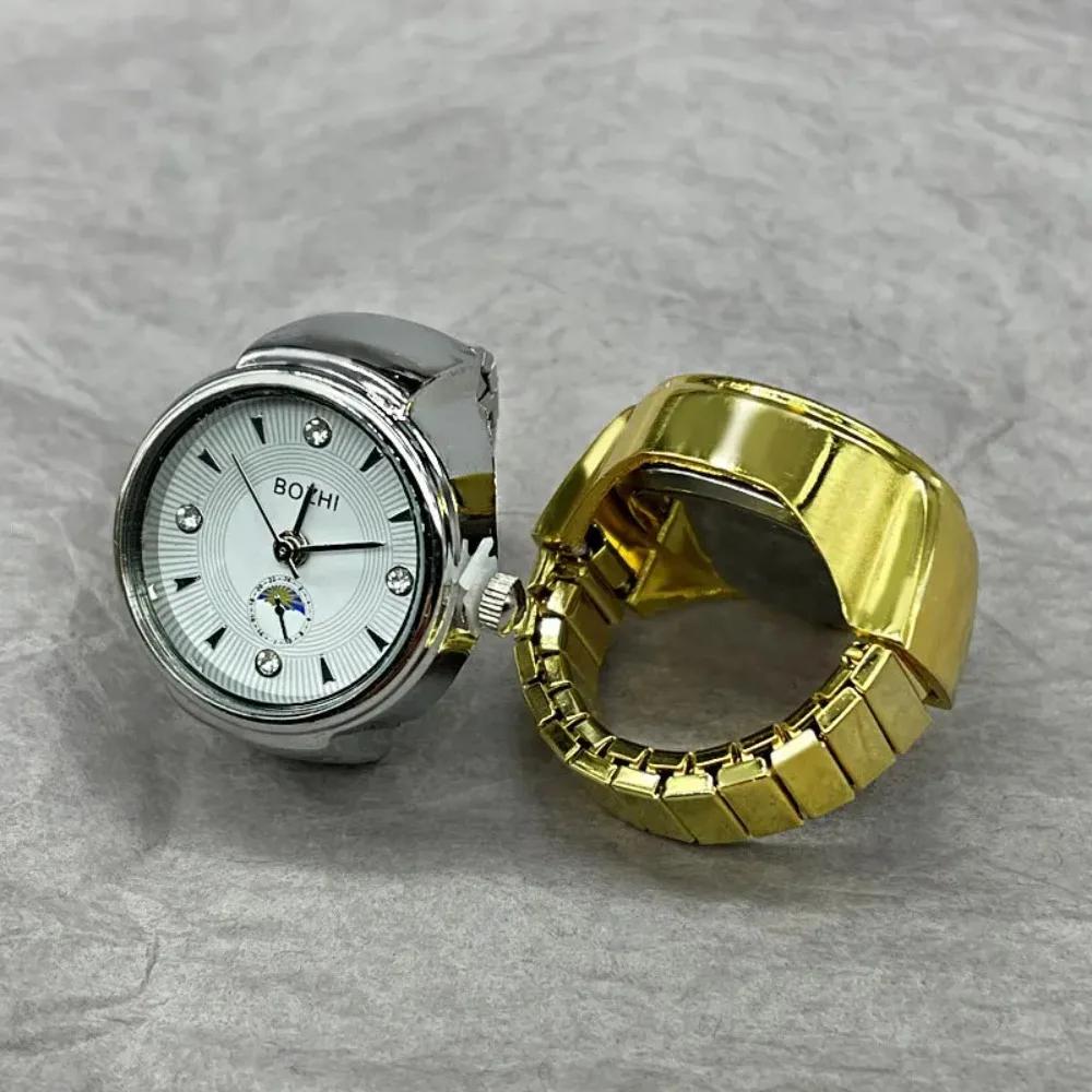 Gold Silver Color Punk  Simple Quartz Watch RingsCreative Clock Dial Women Men Couples Elastic Strap Finger Ring Jewelry