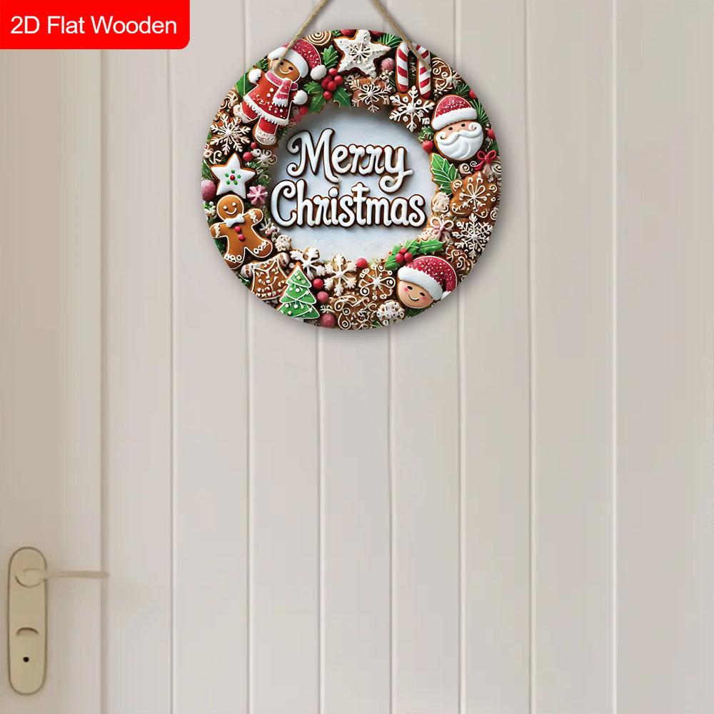 Merry Christmas Wooden Sign with Gingerbread Man & Santa Claus Pattern - Navidad Round Sign for Fornt Door, Wall Decor - Ideal Christmas Decoration
