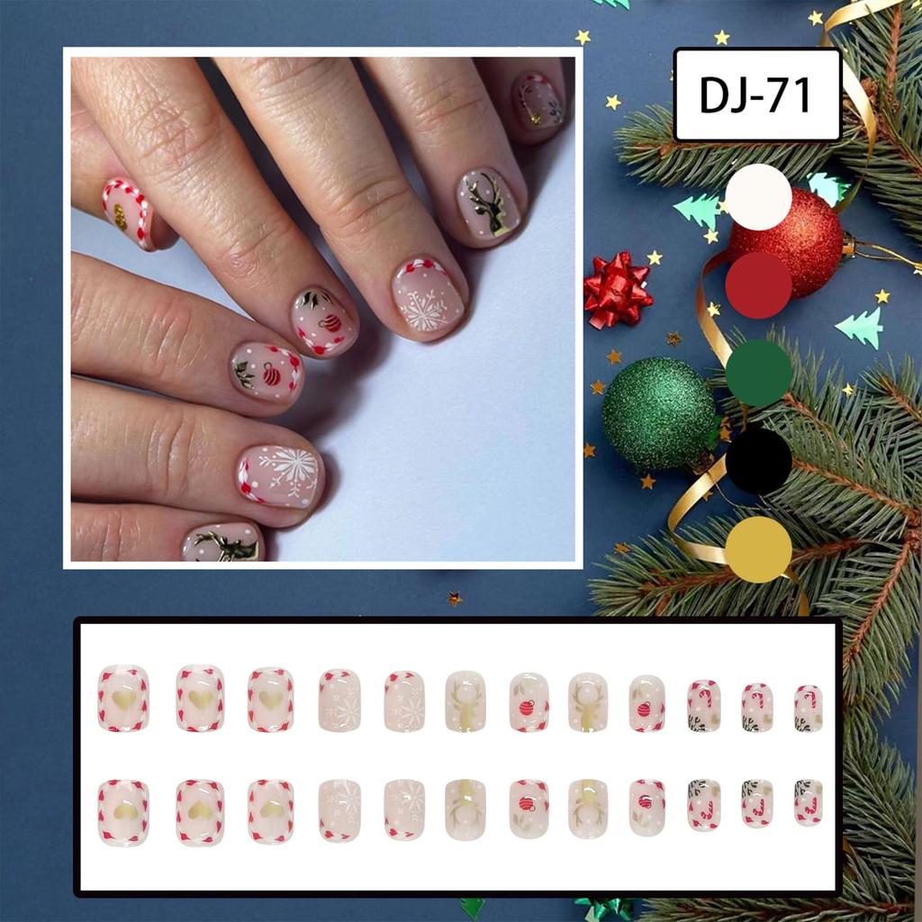 Cute Snowflake Deer Fake Nails Short Square Christmas Press On Nails with Heart Glue On Nails Glossy Winter Xmas Acrylic Stick On Nails for Women DIY