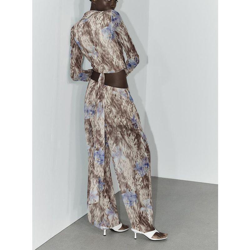 Print Silk Net Long Sleeves Double Breasted V Neck Tops 5039137 Silk Net Translucent High Waist Pants 5039138