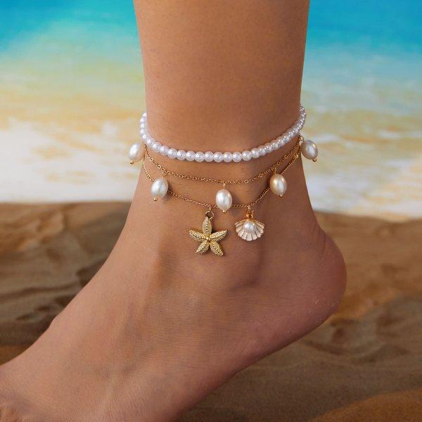 Vintage Gold Color Double Layer Anklet for Women Star Pearl Starfish Zircon Pineapple Anklets Bracelets Foot Chain Beach Jewelry