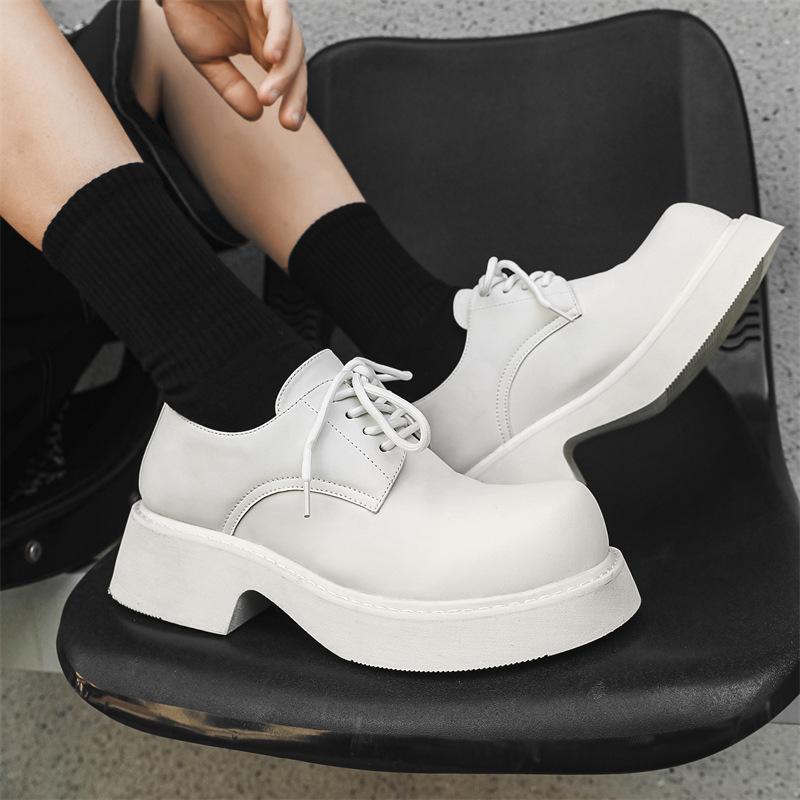 Platform single shoes men's spring and autumn round head lace-up middle heel muffin men's shoes work black small leather shoes 9522-J