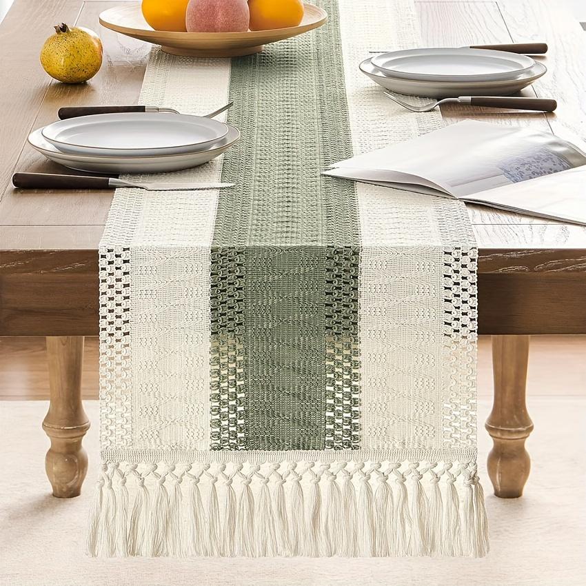 1pc Macrame Style Bicolor Stitching Table Runner, Boho Table Runners Long, Farmhouse Woven Home Decor For Restaurant