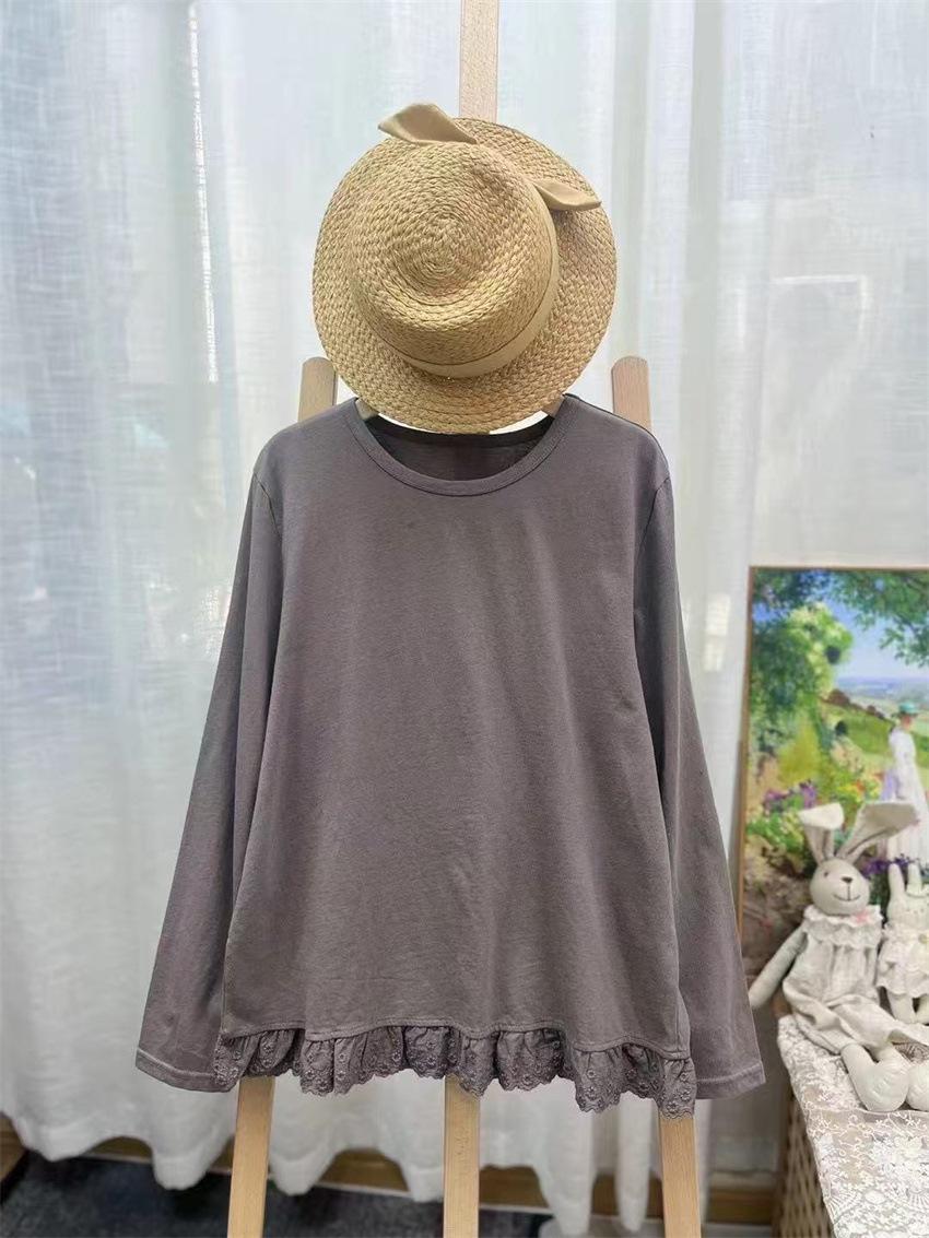 

Johnature Mori Lace-patch Round Neck Pullover Long Sleeve Base Top Casual Versatile T-shirt For Autumn Winter One Size кофейный