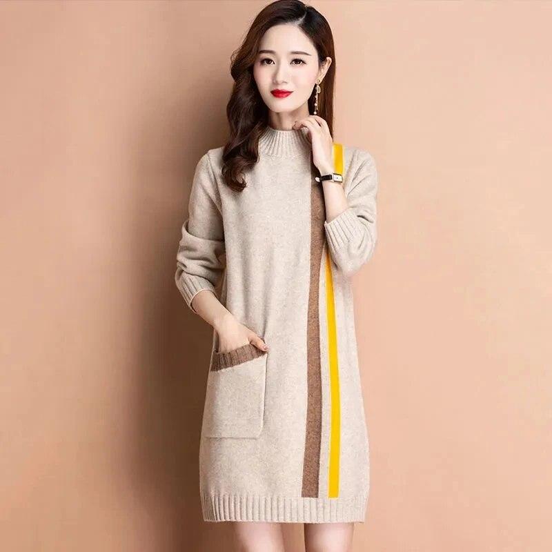 Women's Knitted Sweater Pullover 2023 New Autumn Winter Korean Color Matching Mid Length Knit Bottoming Shirt Female Tops Jumper