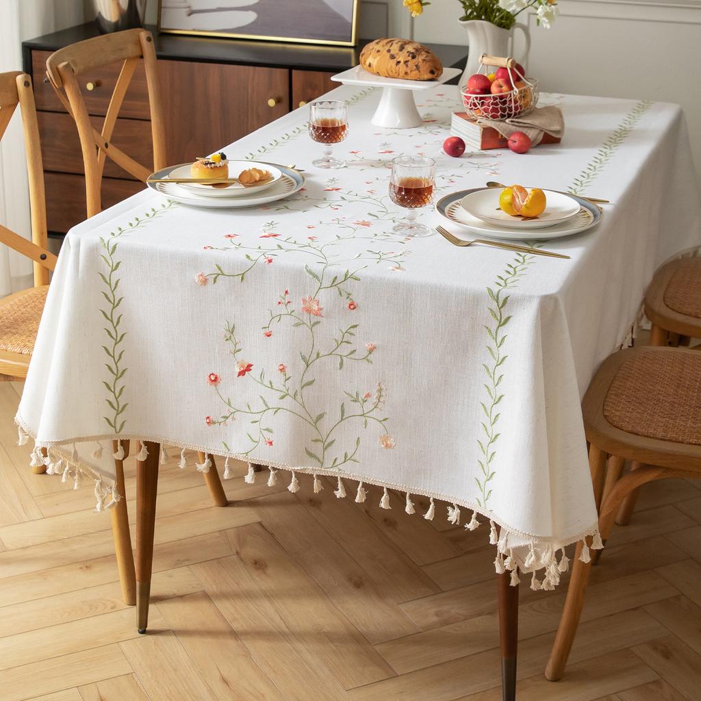 Amazon Nordic Embroidered Table Cloth Plant Flower American Decorative Rectangular Table Dust Tablecloth