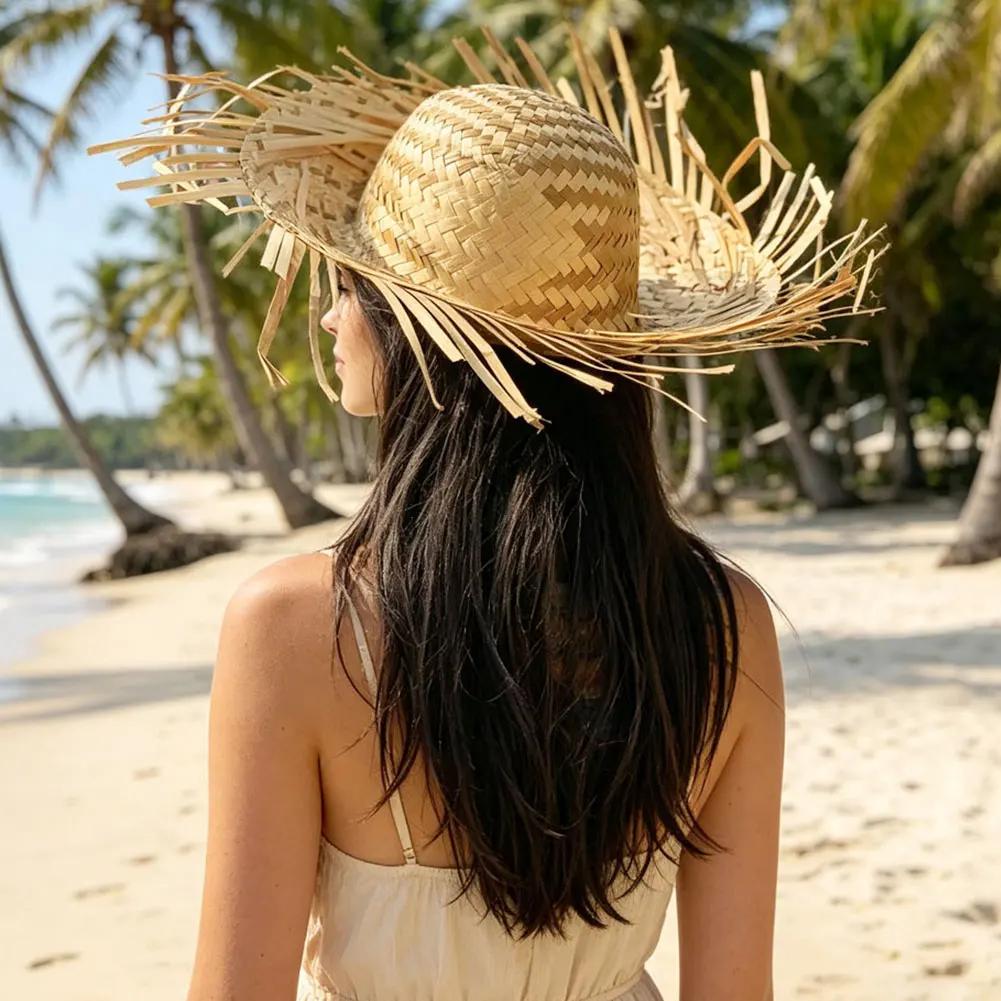Hand Woven Straw Sun Hat Wide Brim UV Protection Travel Outdoor Hat Lightweight Breathable Sun Visor Hat Summer Travel Headwear