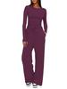 Solid Color Casual Long Sleeve Set Top High Waisted Wide Leg Pants Sportswear