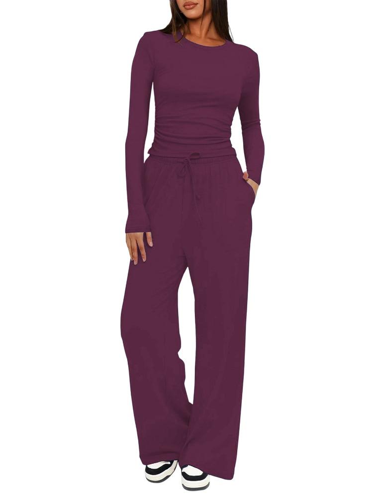 Solid Color Casual Long Sleeve Set Top High Waisted Wide Leg Pants Sportswear