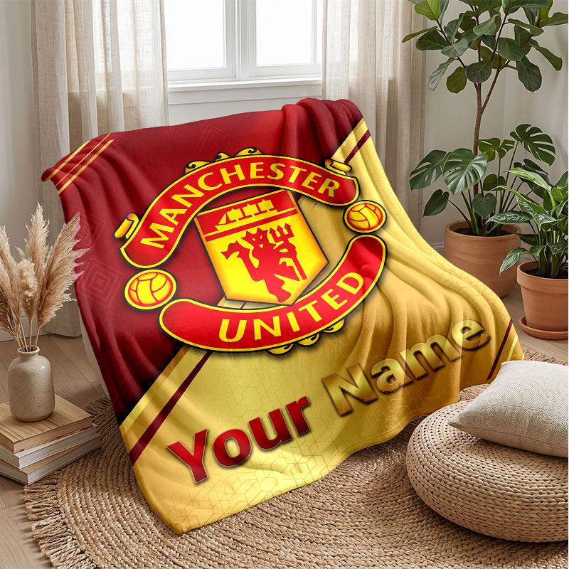 Coperta in Flanella Personalizzata con Nome Testo Manchester United Logo Calcio Plaid in Pile Personalizzato Regalo Speciale per Divano Camera da Letto Casa