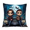 1Pc Chibi Supernatural Sam & Dean Pillow Cover, 2D Double-Sided Print Polyester Throw Pillow Case, Impala & Moonlit Forest Decor