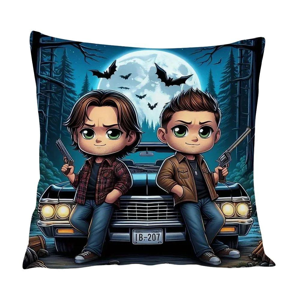 1Pc Chibi Supernatural Sam & Dean Pillow Cover, 2D Double-Sided Print Polyester Throw Pillow Case, Impala & Moonlit Forest Decor